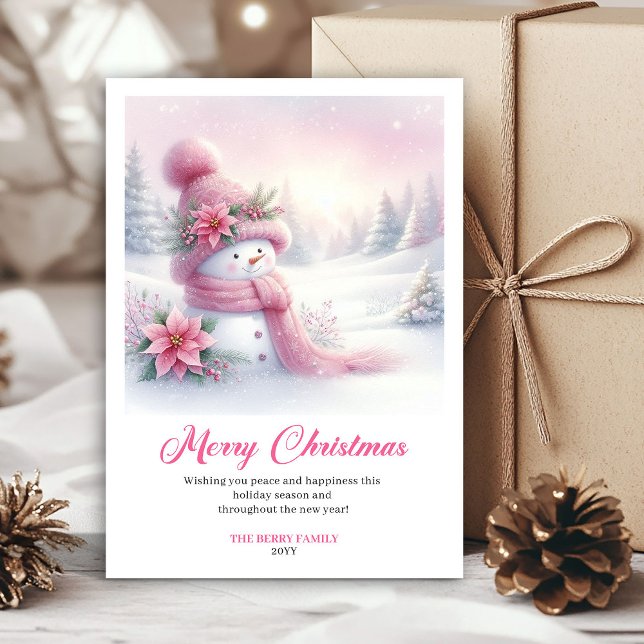 Whimsical Pink Snowman Editable Festive Scene Card (Whimsical Pink Snowman Editable Festive Scene Greeting Card)