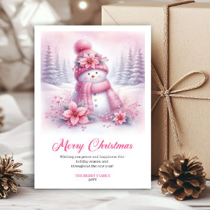 Whimsical Pink Snowman Kids Editable Christmas Holiday Card