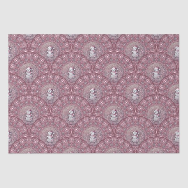 Whimsical Pink Snowman Mandala Art Deco Scallop Tissue Paper (Front)