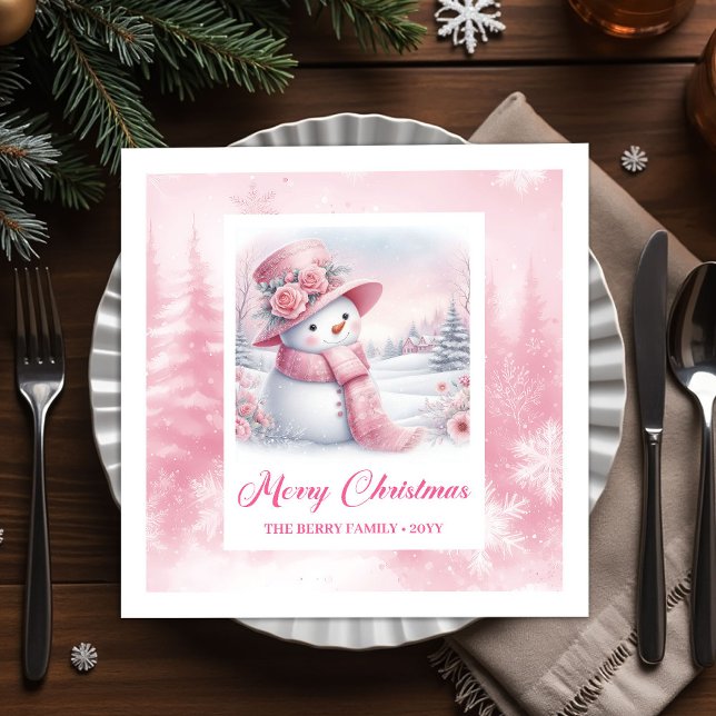 Whimsical Pink Snowman Napkins Winter Christmas  (Whimsical Pink Snowman Napkins Winter Christmas Scene)