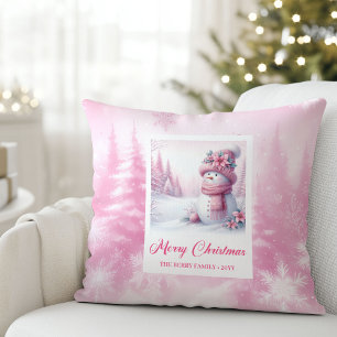 Whimsical Pink Snowman Winter Scene Pillow Gift