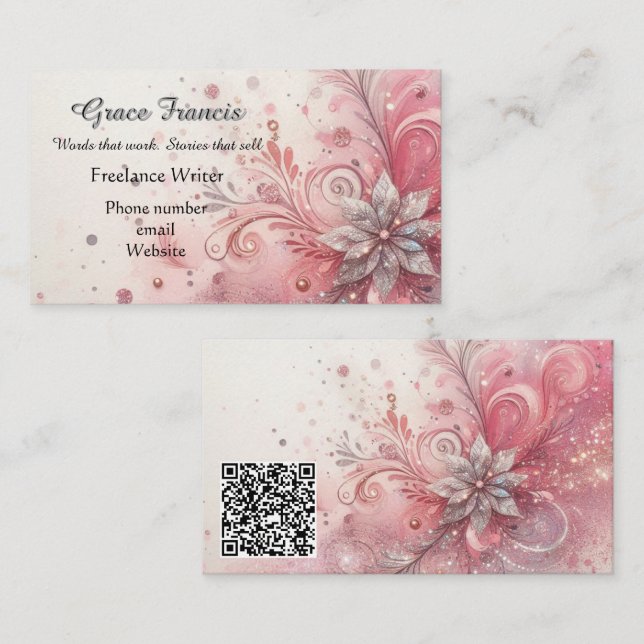 Whimsical Pink Sparkle Freelance Storyteller  Business Card (Front/Back)