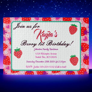 Whimsical Pink Strawberry First Birthday Invite Jigsaw Puzzle