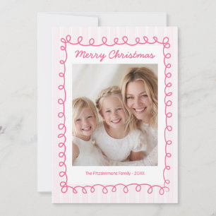 Whimsical Pink Stripe Christmas Photo Holiday Card