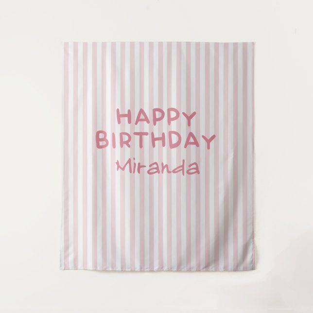 Whimsical Pink Striped Happy Birthday Backdrop Tapestry (Front)
