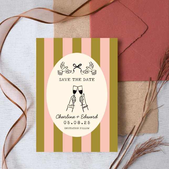Whimsical Pink Striped Scribble Save the Date  Invitation (Creator Uploaded)