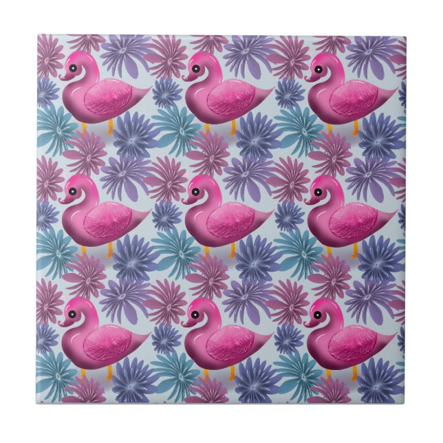 Whimsical Pink Swan: Pastel Floral Dream Pattern Tile (Front)