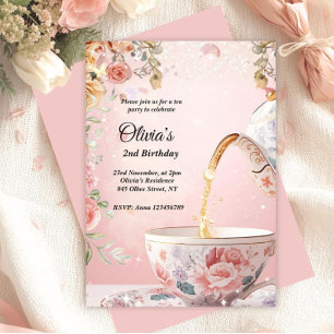 Whimsical Pink Tea Party Floral Birthday  Invitation