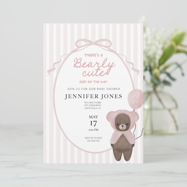 Whimsical pink teddy bear baby shower invitation (Standing Front)