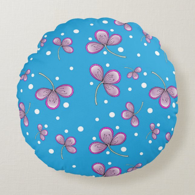 Whimsical Pink Three-Petal Round Throw Pillow (Front)