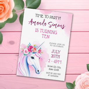 Whimsical Pink Unicorn Roses Girl 10th Birthday Invitation