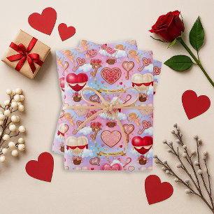 Whimsical Pink Valentine Heart Balloon Pattern Wrapping Paper Sheet