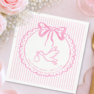 Whimsical Pink Watercolor Bow Stripe Baby Shower Napkin