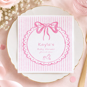 Whimsical Pink Watercolor Bow Stripe Baby Shower Napkin