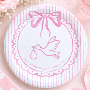 Whimsical Pink Watercolor Bow Stripe Baby Shower Paper Plate
