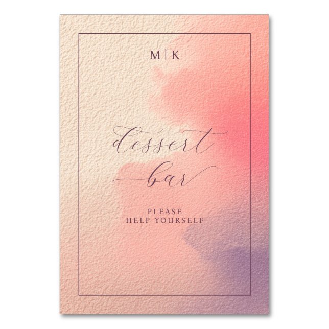 Whimsical Pink Watercolor Dessert Bar Sign Table Number (Front)