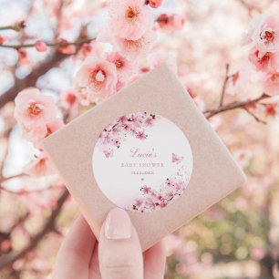 whimsical Pink Watercolor Floral Girl Baby Shower  Classic Round Sticker