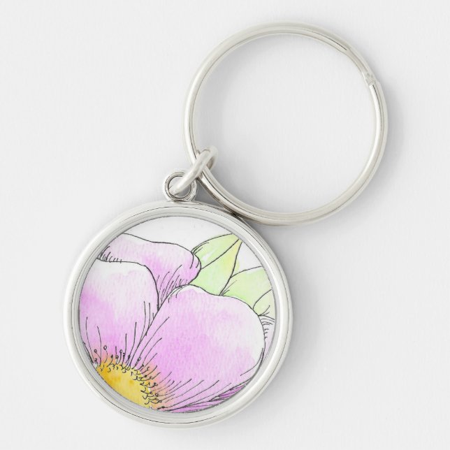 Whimsical Pink Watercolor Flower Key Ring (Front)