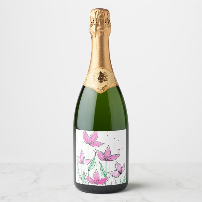 Whimsical Pink Watercolor Flowers Sparkling Wine Label (Front)