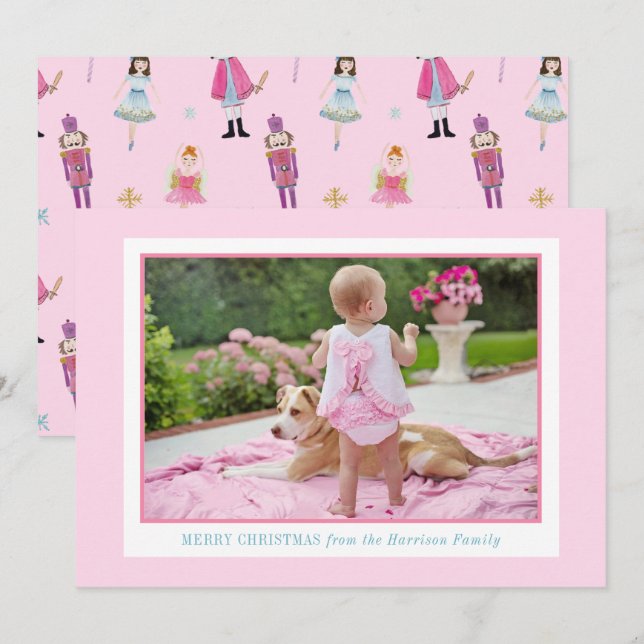 Whimsical Pink Watercolor Nutcracker Ballet Photo Holiday Card (Front/Back)