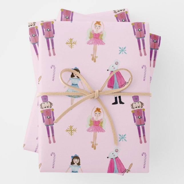 Whimsical Pink Watercolor Nutcracker Ballet Wrapping Paper Sheet (In situ)