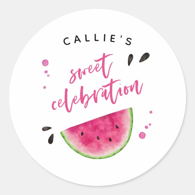 Whimsical Pink Watermelon Birthday Party Classic Round Sticker (Front)