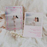Whimsical Pink Wedding Photo Thank You Card<br><div class="desc">Whimsical Pink Illustrated Frame,  2 photo wedding thank you card. Features,  hand drawn frame with bows and heart elements,  template text lines for your names and personalised message on light pink colour background. Fonts and illustrated frame colour can be customised.</div>