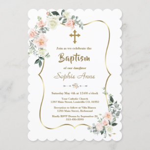 Whimsical Pink White Flowers Gold Girl Baptism Invitation
