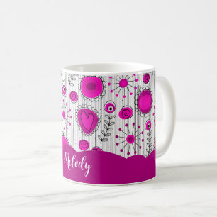 Whimsical pink white hearts flowers floral name coffee mug