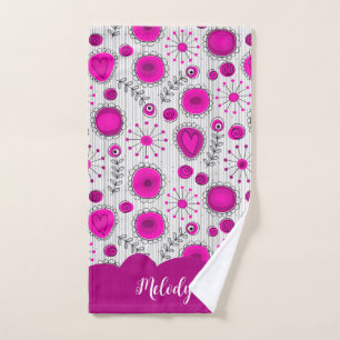 Whimsical pink white hearts flowers floral name hand towel