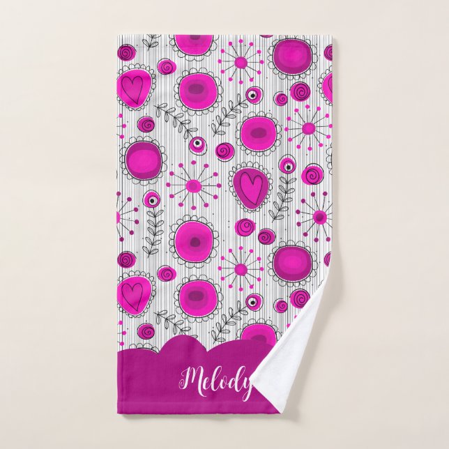 Whimsical pink white hearts flowers floral name hand towel (Hand Towel)
