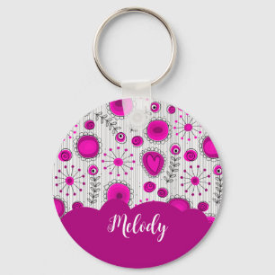 Whimsical pink white hearts flowers floral name key ring