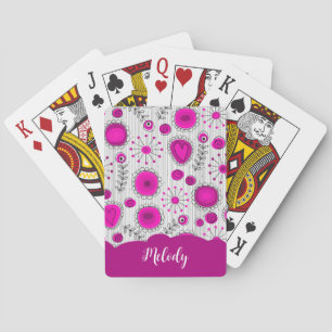 Whimsical pink white hearts flowers floral name playing cards