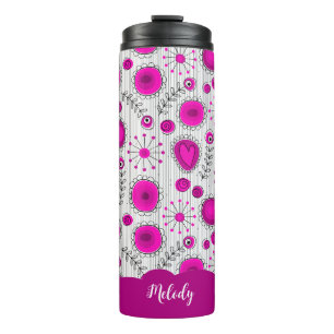 Whimsical pink white hearts flowers floral name thermal tumbler