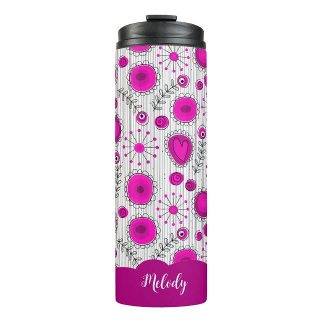 Whimsical pink white hearts flowers floral name thermal tumbler (Front)