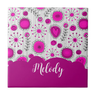 Whimsical pink white hearts flowers floral name tile