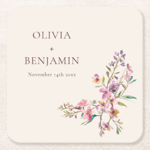 Whimsical Pink Wildflower Boho Wedding Custom Square Paper Coaster