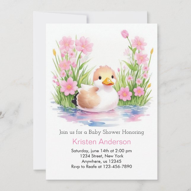 Whimsical Pink Wildflower Duck Girl Baby Shower Invitation (Front)