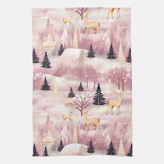 Whimsical Pink Winter Landscape (1) Tea Towel (Vertical)
