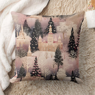 Whimsical Pink Winter Landscape (2) Cushion