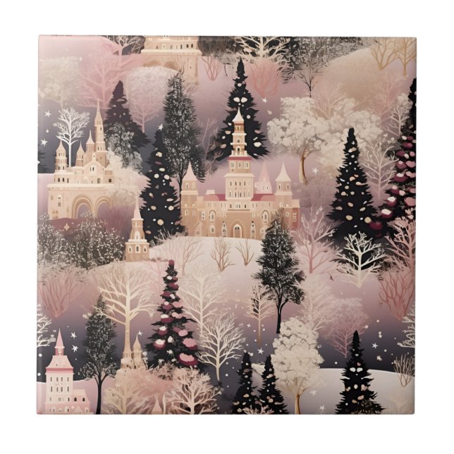 Whimsical Pink Winter Landscape (2) Tile (Front)