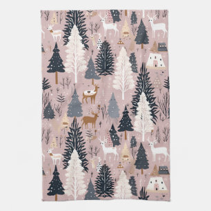 Whimsical Pink Winter Landscape (3) Tea Towel