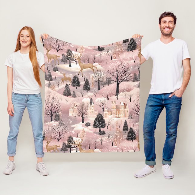 Whimsical Pink Winter Landscape (4) Fleece Blanket (In Situ)