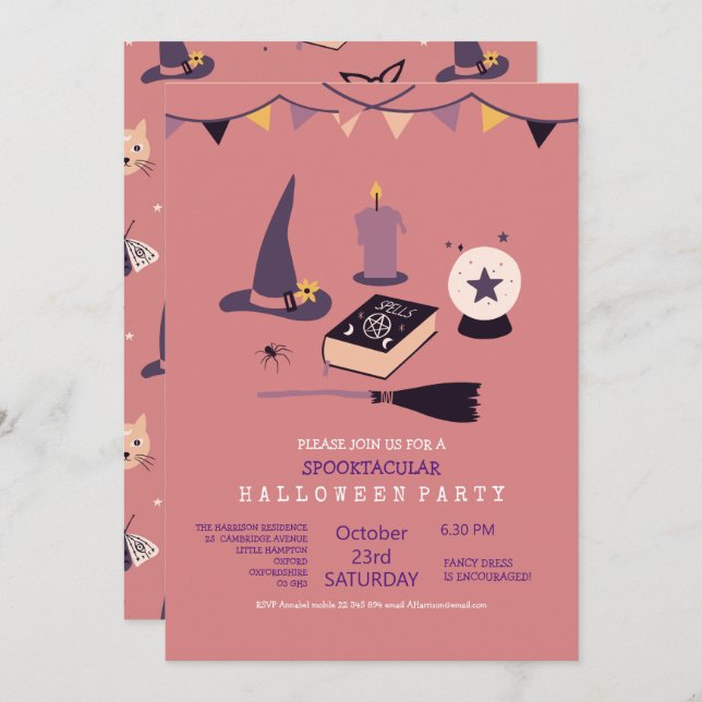 Whimsical pink witch themed  invitation (Front/Back)