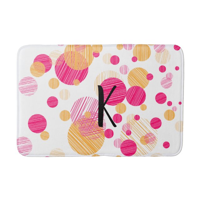 Whimsical Pink &Yellow Monogram Polka-Dot Pattern Bath Mat (Front)