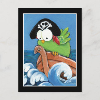 Whimsical Pirate Bird in a Wooden Boat Postcard