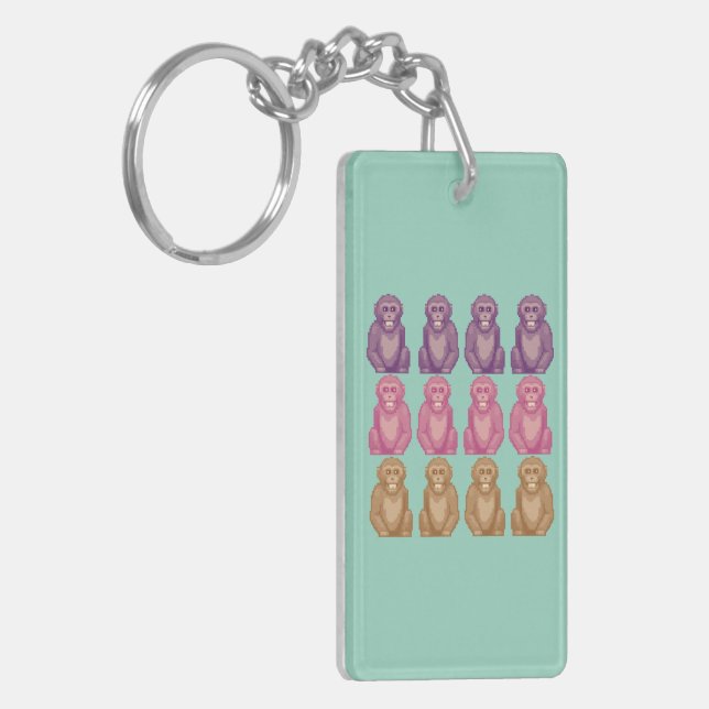 Whimsical Pixel Style Colourful Monkeys Key Ring (Front Left)