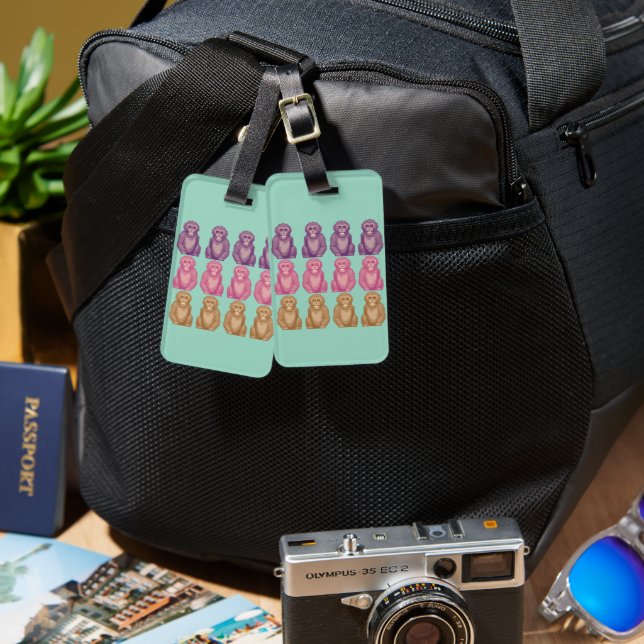 Whimsical Pixel Style Colourful Monkeys Luggage Tag (Front & Back)