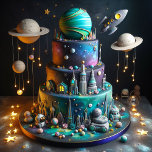 WHIMSICAL PLANETS & ROCKETS KIDS BIRTHDAY CAKE CARD<br><div class="desc">OUT OF THIS WORLD! KIDS BIRTHDAY LAYER CAKE ON THE FRONT OF THE CARD.  COMPLETELY EDITABLE COPY ON THE BACK.</div>