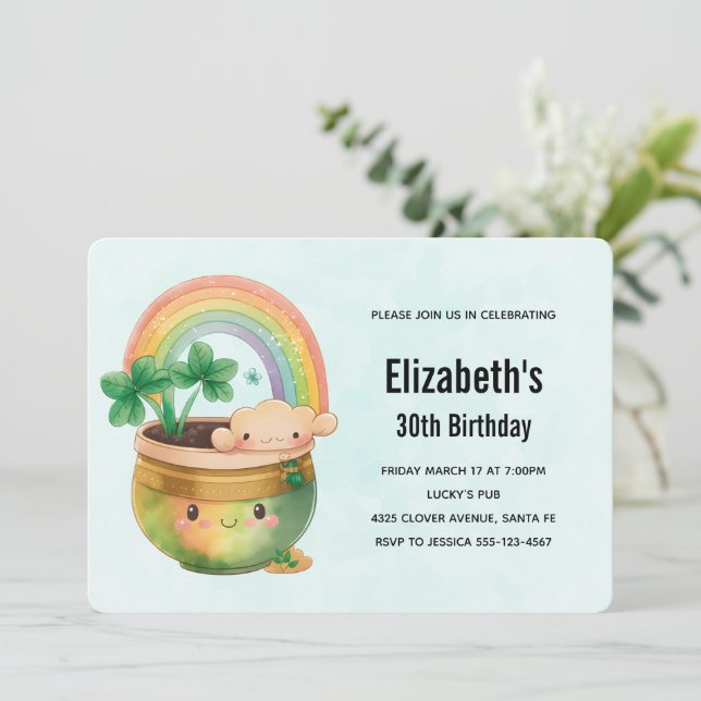 Whimsical Planter with Rainbow & Clover Birthday Invitation (Standing Front)